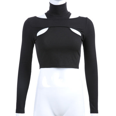 Careful Machine Design Sense Hollow Off-shoulder Bottoming Shirt Women's New Short Navel T-shirt Slim-fit Fake Two-piece Top