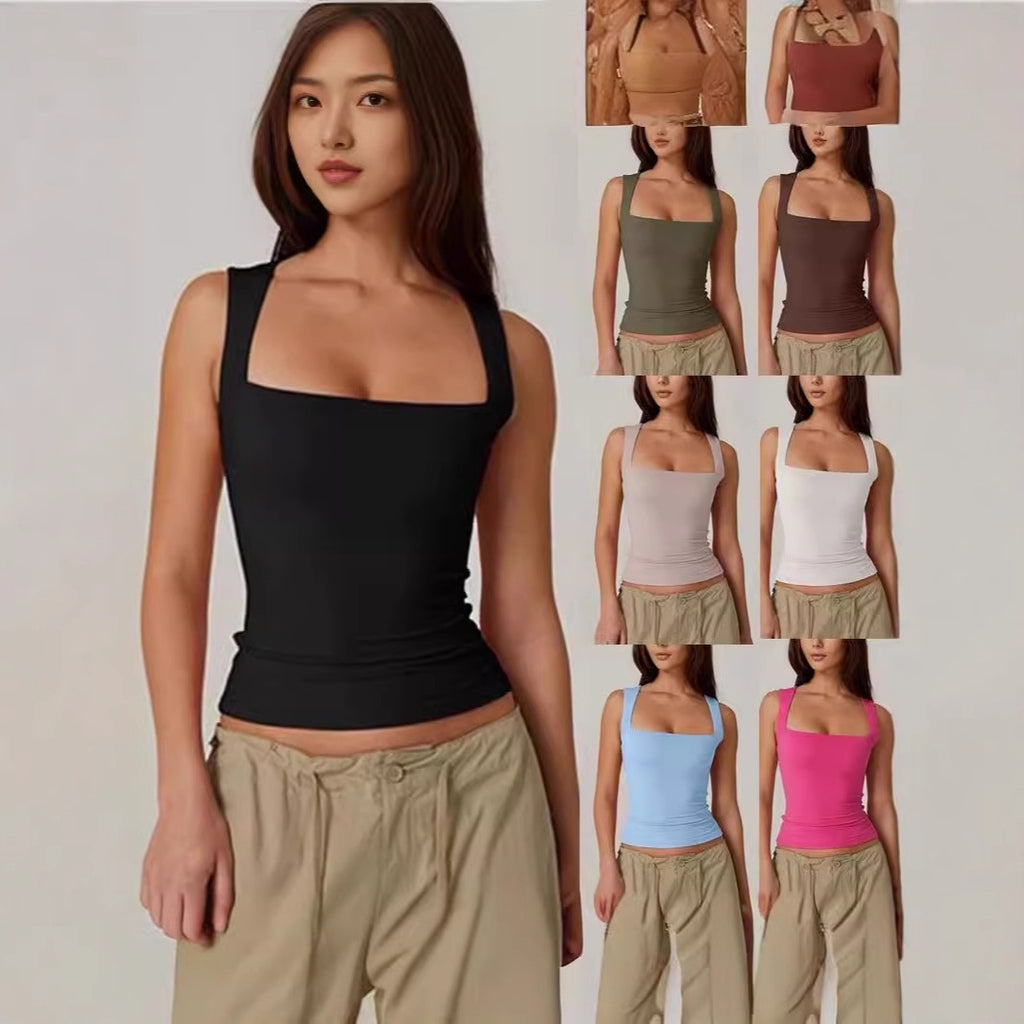 Summer Square Collar Sleeveless Double Layer Tight Vest