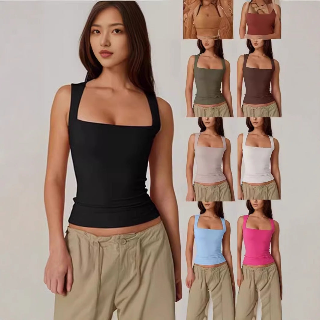 Summer Square Collar Sleeveless Double Layer Tight Vest