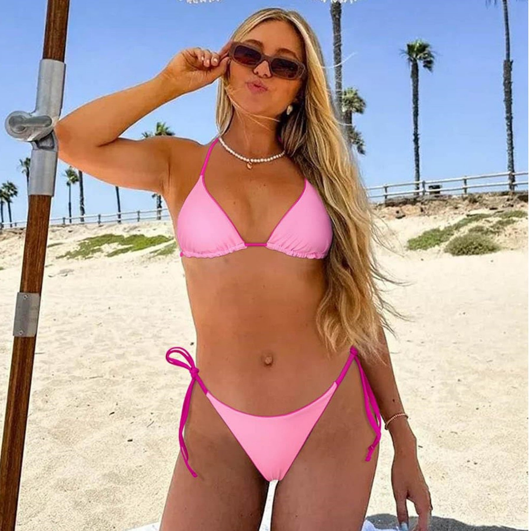 Bikini Double-layer Fabric Lace-up Pure Color Halter Split Swimsuit