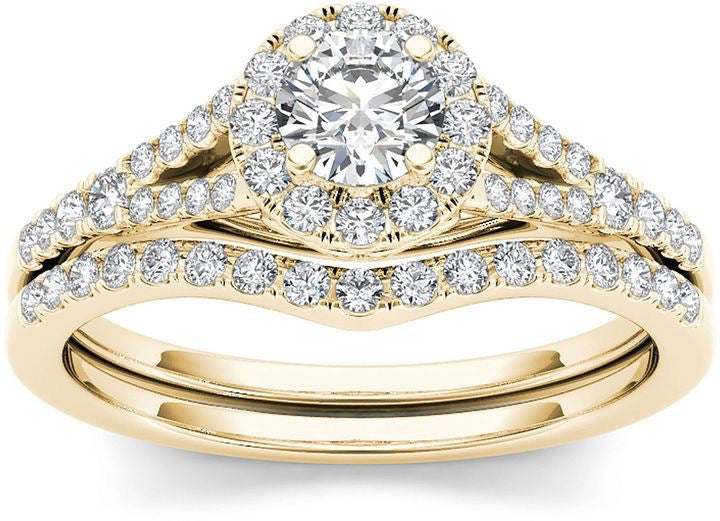 Gold Full Diamond Princess Round Diamond Luxury 2-piece Set Engagement Ring